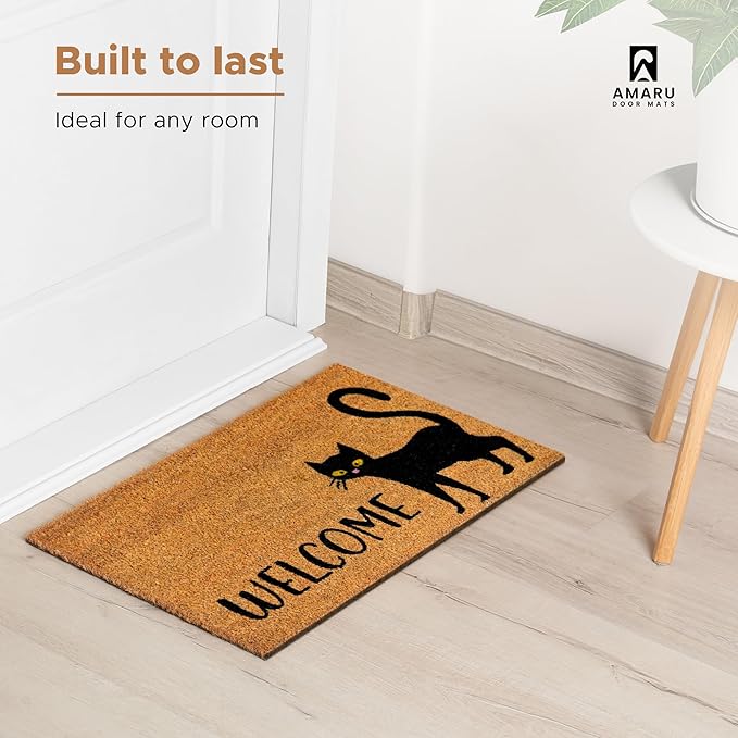 Black Cat - 17"x29" - Coir Door Mat with Heavy Duty Backing - Welcome Mats for Entryway, Porch - Anti-Slip PVC & Coconut Fiber Surface - Natural Home Accessories, Minimalist Original Design