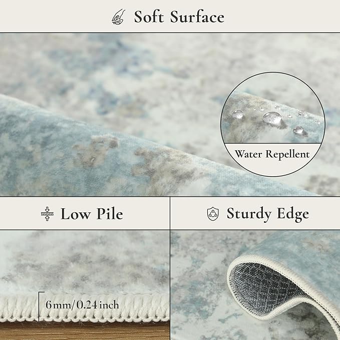 Area Rugs 5x7 for Living Room Bedroom, Modern Abstract Machine Washable Rug, Large Soft Low Pile Floor Carpet with Non Slip Backing for Dining Room, Light Cream Blue