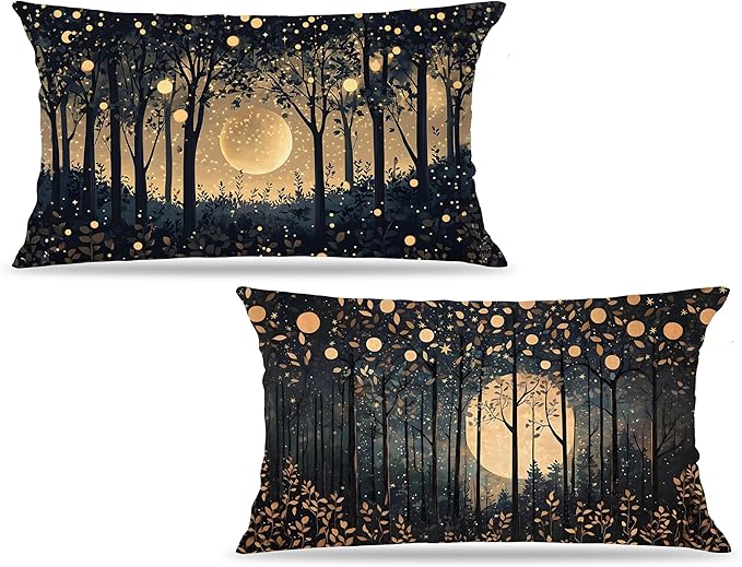 Rustic William Morris Inspired Gold Moon Pillow Covers 12x20 Set of 2,Vintage Black and Gold Moon Forest Botanical Nature Landscape Decorative Throw Pillow Covers for Home Bedroom Living Room