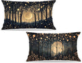 Rustic William Morris Inspired Gold Moon Pillow Covers 12x20 Set of 2,Vintage Black and Gold Moon Forest Botanical Nature Landscape Decorative Throw Pillow Covers for Home Bedroom Living Room