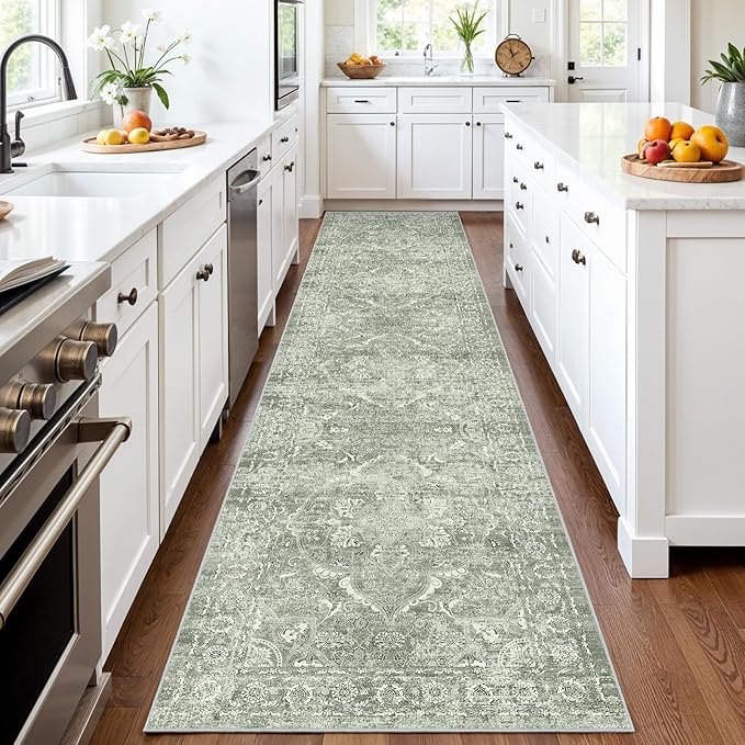 Washable 3x14 Runner Rug - Non-Slip Vintage Rug for Entryway Low-Pile Medallion Long Rugs for Hallway Waterproof Traditional Runner Rug Indoor Thin Rug for Kitchen (Muted Sage Green)