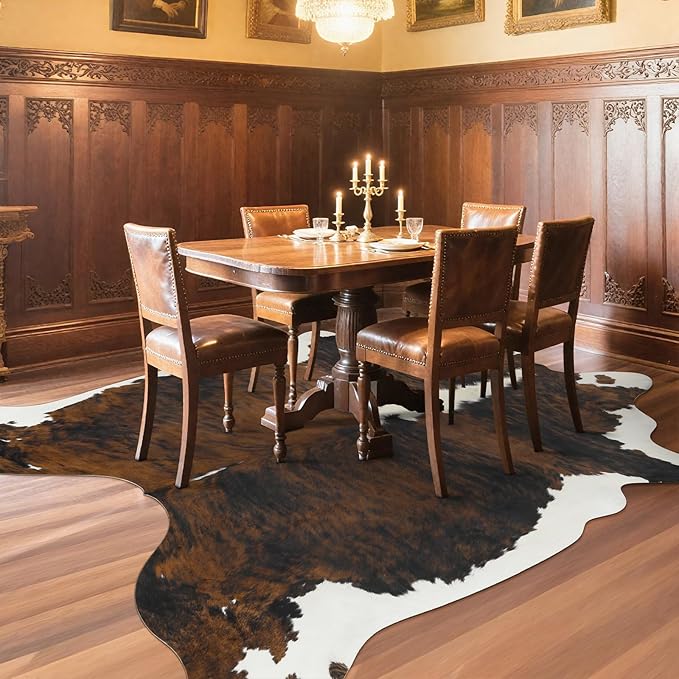 AROGAN Western Decor Faux Fur Cowhide Rug, 5.2x6.3 Feet Premium Animal Skin Cow Hide Rug, Sturdy Cow Print Rugs for Wall Decor, Western Floor Carpet for Bedroom Living Room, Black and Brown
