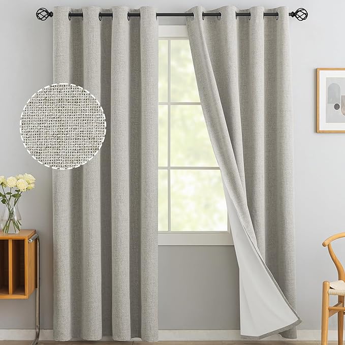 Yakamok Oatmeal Linen Curtains 100% Blackout 96 Inches Long,Room Darkening Textured Curtains for Living Room Thermal Grommet Bedroom Curtains 2 Panels with White Liner