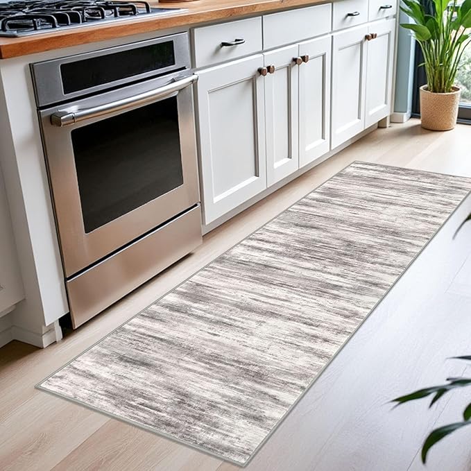 KOZYFLY Modern Abstract Kitchen Runner Rug, 2x6 Washable Rug Runner Non-Slip Soft Striped Hallway Runner Rugs, Grey/Light Beige/Brown Print Carpet Runner for Entryway Bathroom