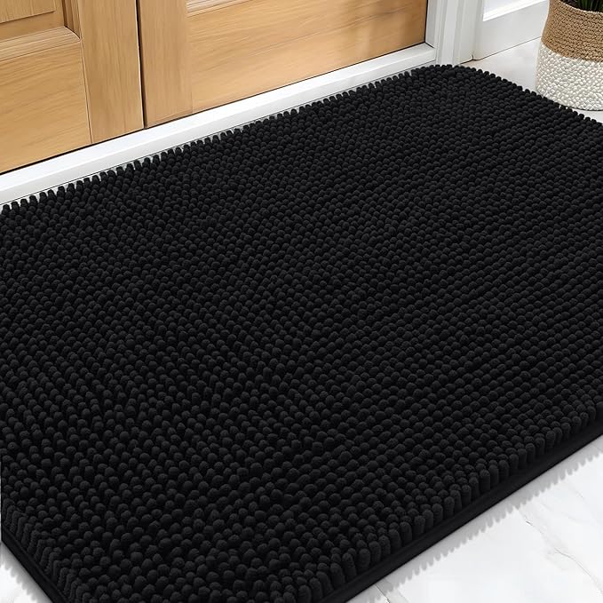 OLANLY Dog Door Mat for Muddy Paws 30x20, Absorbs Moisture and Dirt, Absorbent Non-Slip Washable Doormat, Quick Dry Chenille Mud Mat for Dogs, Entry Indoor Entryway Carpet for Inside Floor, Black