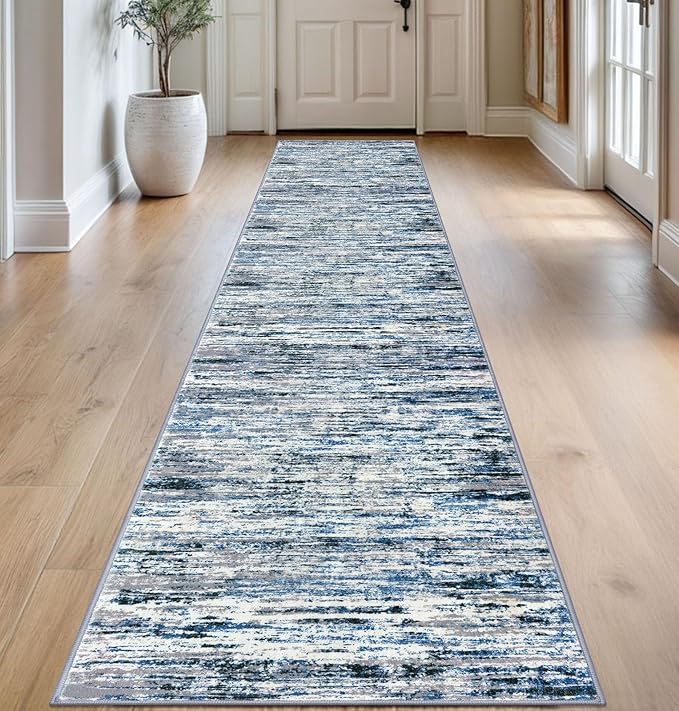 Lansny Modern Abstract Runner Rug 2.6x14, Grey Blue White Washable Long Kitchen Runner Non-Slip Soft Hallway Rug Runner Thin Print Faux Wool Carpet for Entryway Bedroom Laundry Room Indoor Home Decor