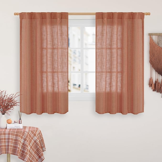 LAMIT 48 Inch Short Window Linen Curtains, Light Filtering Panels Back Tab and Rod Pocket Neutral Drapes for Cafe/Bathroom/Loft Room, Terracotta, 2 Panels, 34 x 48 Inch