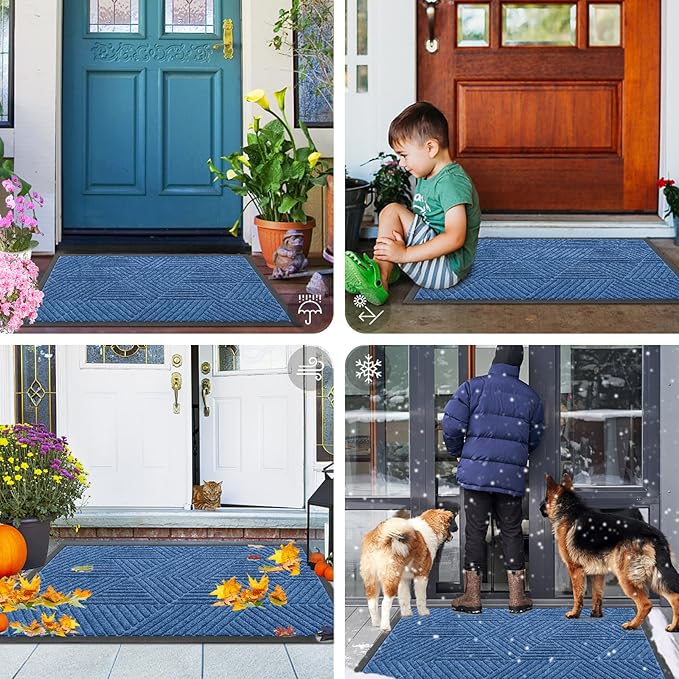 Smiry Front Door Mat Outside Entrance, Heavy Duty Sturdy Natural Rubber Doormat, Trap Dirt and Moisture, Easy Clean Low Profile Welcome Floor Mats for Indoor Outdoor Entry, 59x23 Inch, Blue