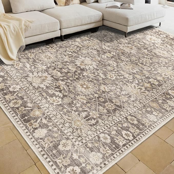7X9 Area Rugs Machine Washable Rugs for Living Room Bedroom Hallway, Non Slip Indoor Soft Accent Distressed Boho Vintage Print Lightweight Thin Low Pile Carpet (Deep Brown/Gold, 7x9)