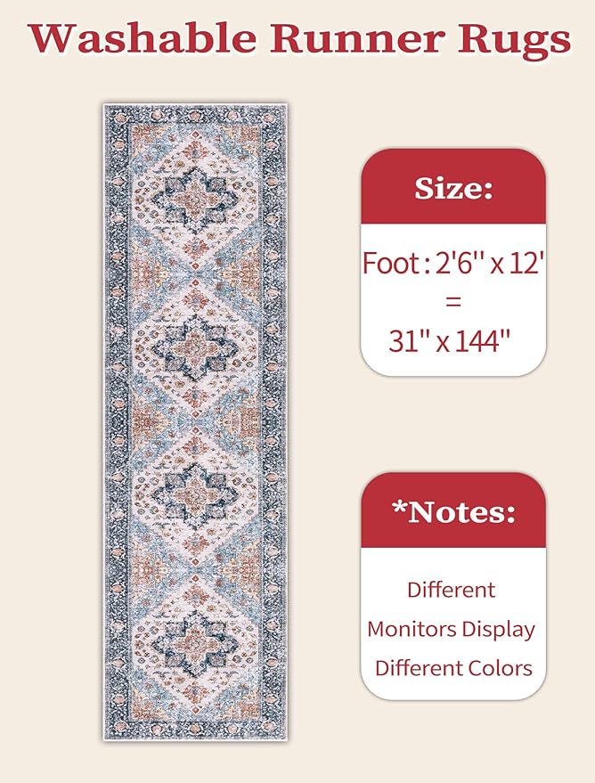 SERISSA Runner Rug for Hallways, 2'6"x12' Washable Non Slip Kitchen Runner Rug, Extra Long Boho Rug Ultra Soft Vintage Blue Orange Floor Carpet for Bedroom Hallway Entryway Bathroom Laundry Room
