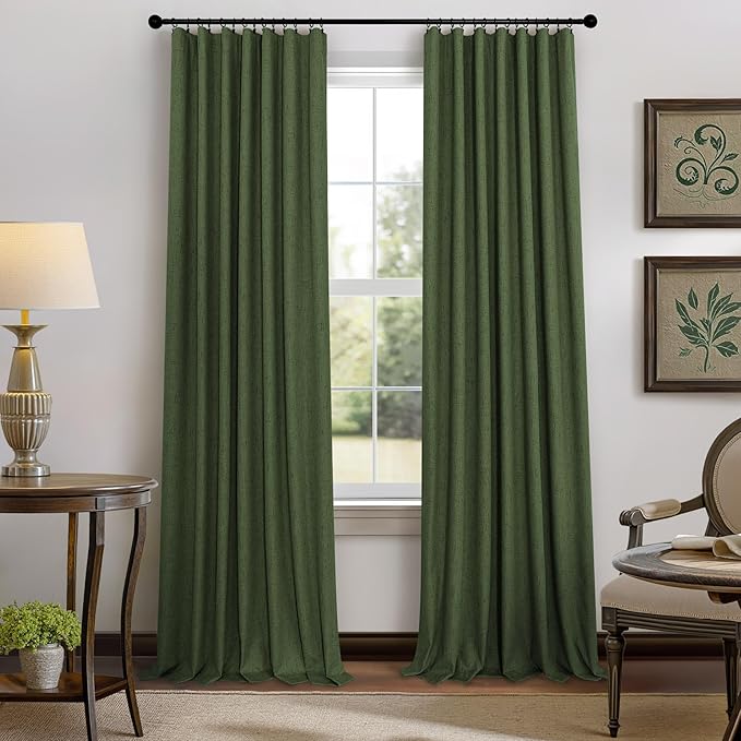 Olive Green Blackout Curtains for Bedroom 96 Inches Long Floor Length 2 Panel Vintage Earth Tone Earthy Academia Dark Out Curtain for Sliding Doors Living Room Darkening Thermal Linen Drape Army Green