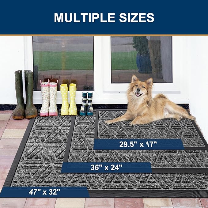Smiry Front Door Mat Outside Entrance, Heavy Duty Sturdy Natural Rubber Doormat, Trap Dirt and Moisture, Easy Clean Low Profile Mats for Indoor Outdoor Entry, Grid Geometric (29.5x17, Silver Grey)