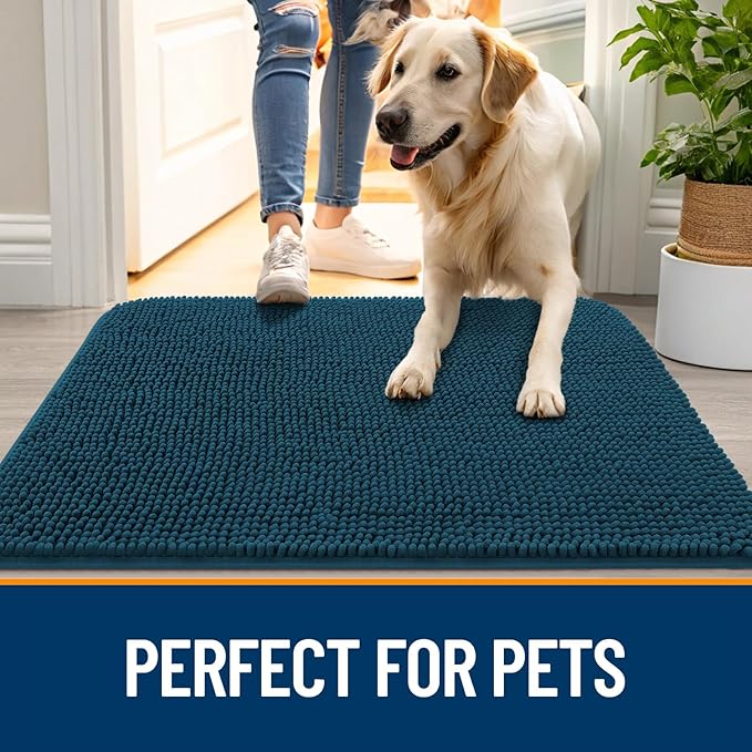 OLANLY Dog Door Mat for Muddy Paws 45x27, Absorbs Moisture and Dirt, Absorbent Non-Slip Washable Doormat, Quick Dry Chenille Mud Mat, Entry Indoor Entryway Carpet for Inside Floor, Atlantic Blue