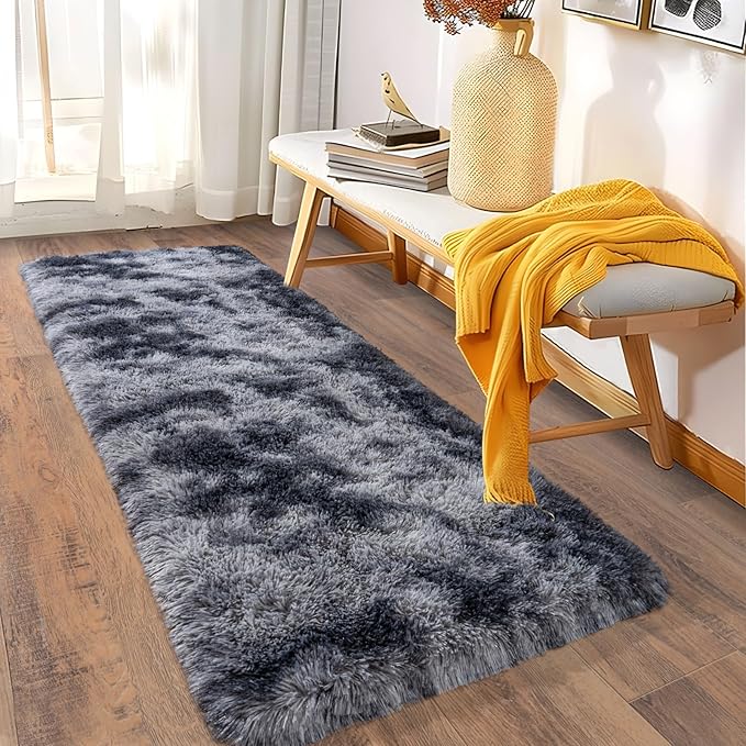 Ultra Soft Runner Rugs for Bedroom Hallways with Upgraded Non-Slip Rubber Backing & Thick Memory Sponge, 2x6 Feet Fluffy Shag Throw Area Rug for Bedside Dorm Tie-dye Dark Grey