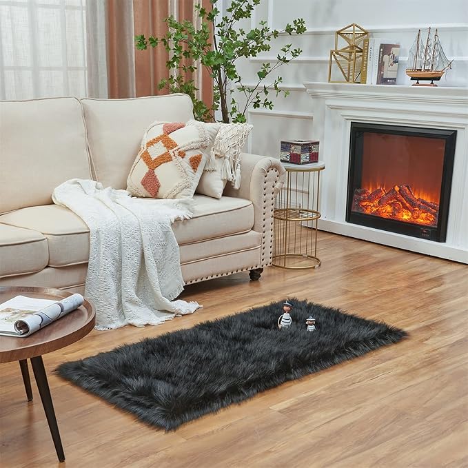 EasyJoy Ultra Soft Fluffy Shaggy Area Rug Faux Fur Rug Chair Cover Seat Pad Fuzzy Area Rug for Bedroom Floor Sofa Living Room (2 x 4 ft Rectangle, Black)