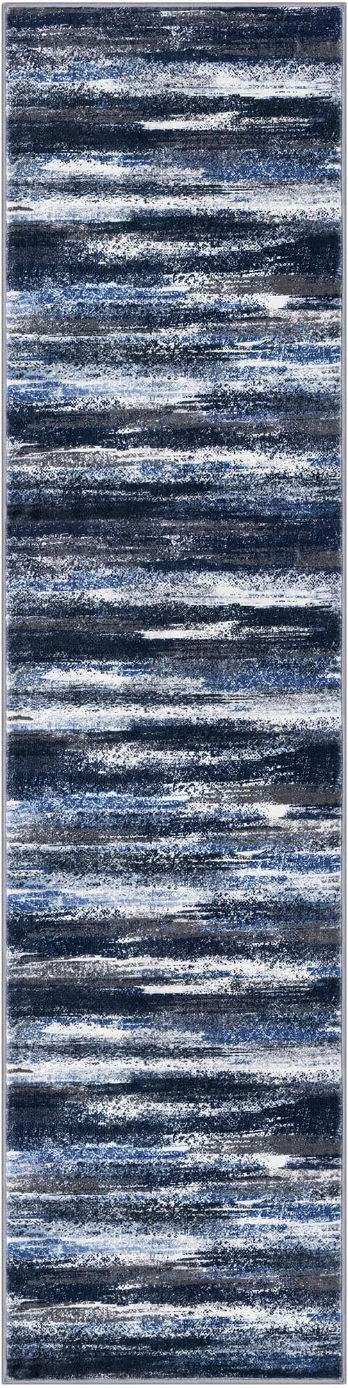 Lansny Modern Abstract Hallway Runner Rug, Navy Blue Washable Kitchen Runner Non-Slip Soft 2x8 Runner Rug Thin Print Faux Wool Carpet for Entryway Bedroom Laundry Room Indoor