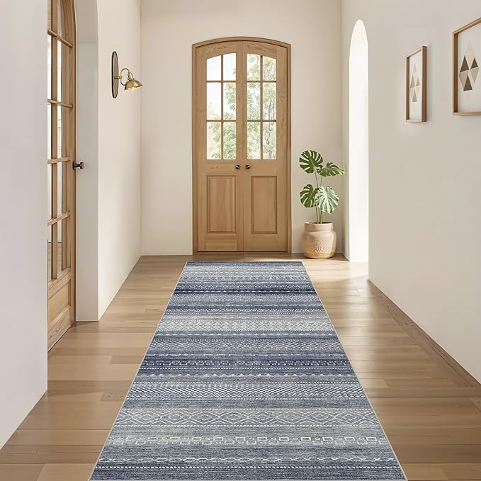 Nakagishi Area Rug Living Room Rugs: 3X8 Machine Washable Boho Large Neutral Farmhouse Stain Resistant Moroccan Indoor Floor Carpet for Bedroom Nursery Dorm Dining Room Home-Denim Blue