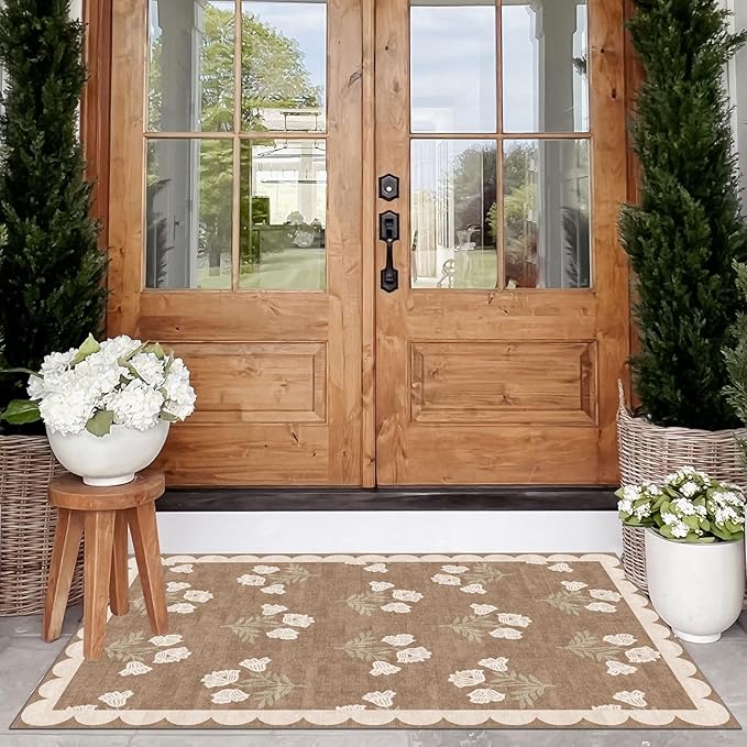Floral Outdoor Rug - 28" x 43" Spring Front Door Mat Indoor Outside Entrance Non-Slip Washable Outdoor Mat Tan Boho Neutral Farmhouse Throw Rugs for Entryway Kitchen Bedroom Front Porch Decor