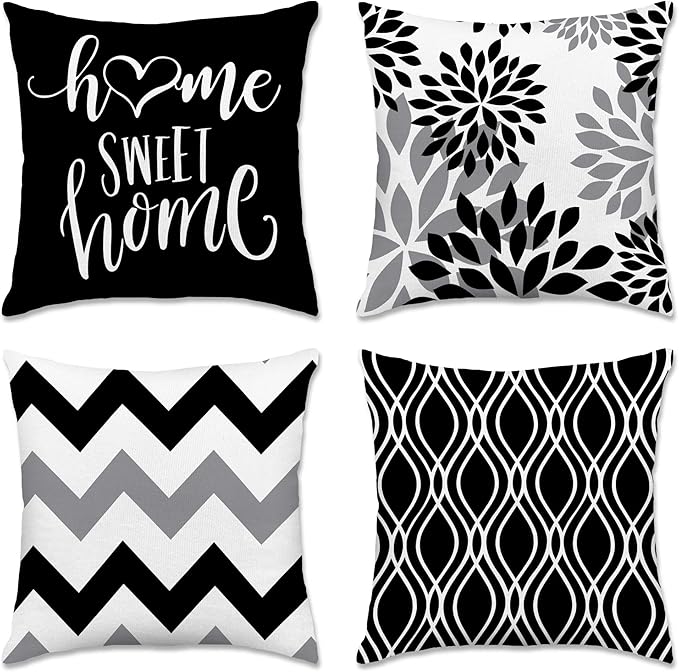 Hexagram Geometric Black Pillow Covers 18x18 Set of 4, Decorative Outdoor Boho Modern Throw Pillow Covers, Home Sweet Home Farmhouse Cushion Case for Couch Sofa Bedroom Indoor Decor(No Insert)