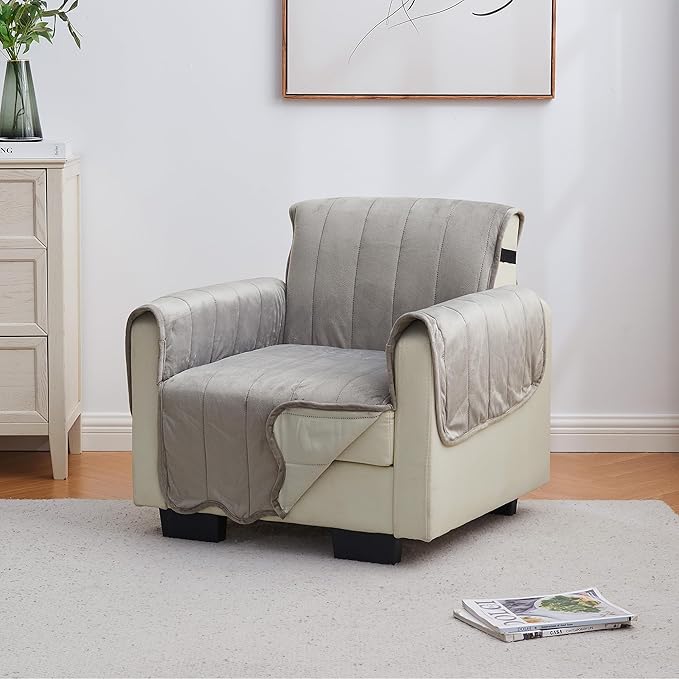 Great Bay Home Velvet Chair Cover - Washable Slipcover Furniture Protector with Elastic Straps - Furniture Cover for Dogs, Kids, and Pets - Stitched Detail (Wild Dove Grey)