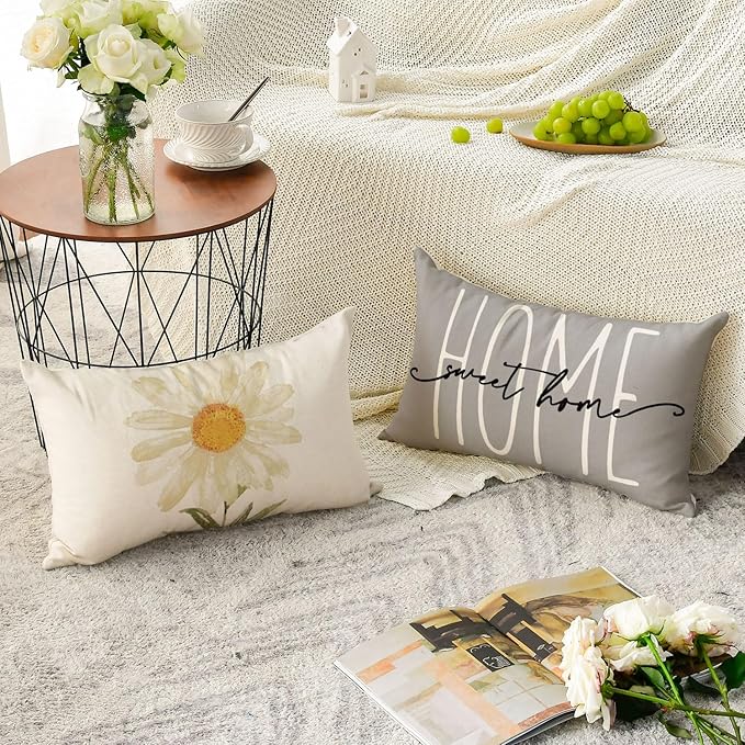 AVOIN colorlife Home Sweet Home Spring Summer Flowers Throw Pillow Covers, 12 x 20 Inch Grey Cushion Case for Sofa Couch Set of 4