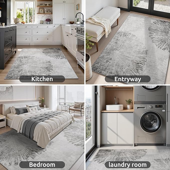 4x6 Rug Small Non Slip Area Rug Ultra Soft Machine Washable Low Pile Modern Abstract Dahlia Indoor Carpet Rugs for Bedroom Living Room Entryway Kitchen Bedside, Grey