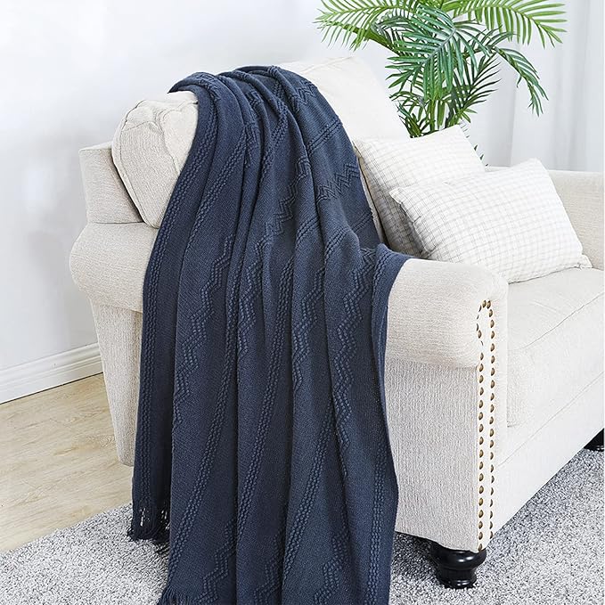 BOURINA Navy Throw Blanket 50x60 Inches Throw Textured Solid Soft Sofa Throw Couch Cover Knitted Decorative Blanket