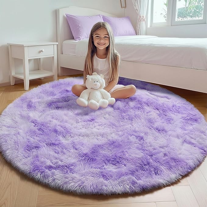 ONASAR Tie-Dyed Purple Round Area Rug 4ft, Soft Bedroom Circle Rugs Floor Mats for Kids Girls Teen Room, Kawaii Fluffy Plush Shaggy Carpet for Baby Nursery Living Room Playroom Home Decor