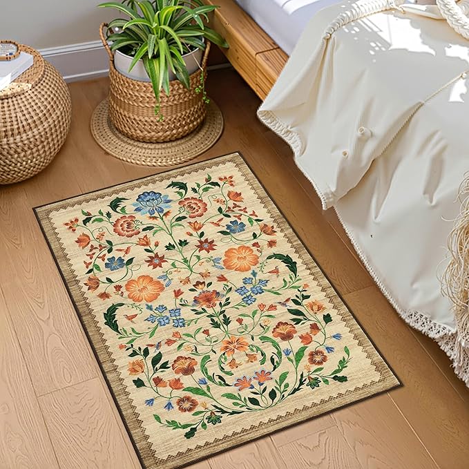GarveeHome Floral Rug for Entryway 2x3 Rugs Machine Washable Boho Small Area Rug Non-Slip Low-Pile Front Door Soft Mat for Entrance, Bedroom, Kitchen, Laundry, Bathroom, Beige