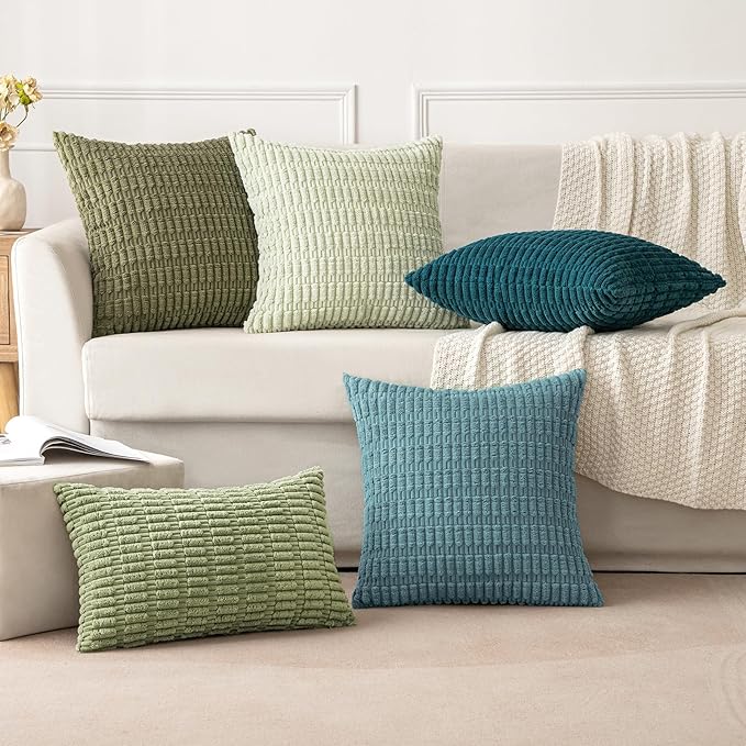 MIULEE Pack of 2 Corduroy Decorative Lumbar Throw Pillow Covers 20x12 Inch Soft Boho Striped Pillow Covers Modern Farmhouse Home Decor for Summer Coastal Sofa Living Room Couch Bed Coastal Blue