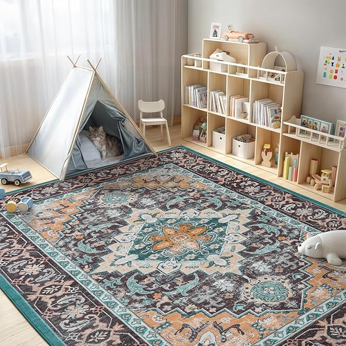Lofus 5x7 Area Rugs for Living Room, Washable Area Rug, Rugs for Bedroom, Kitchen, Vintage Boho Carpet, Soft Non-Slip, Low Pile Large Area Rug for Office Dining Room, Floral Green