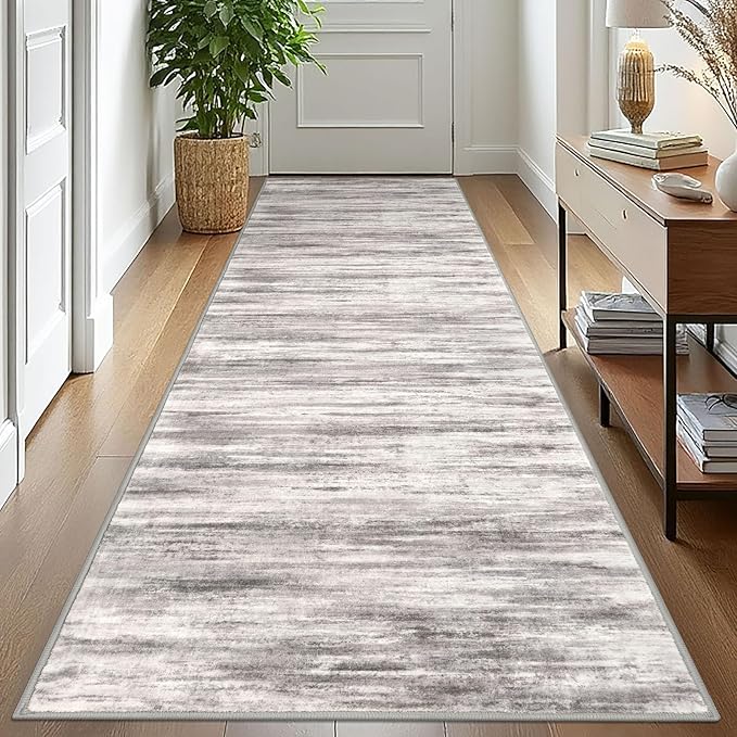 KOZYFLY 3x10 Ft Rug Modern Ombre Runner Rug for Hallway, Washable Kitchen Rugs Non-Slip Soft Striped Entryway Rug, Print Grey/Light Beige/Brown Abstract Carpet for Laundry Nursery
