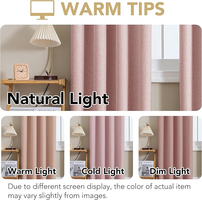H.VERSAILTEX Linen Curtains 100% Blackout Curtains for Bedroom 108 inch Long Full Light Blocking Nature Linen Blended Window Curtains for Living Room Nickel Grommet (2 Panels, Heathered Baby Pink)