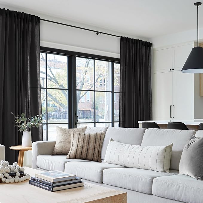 Black Linen Curtains 102 inches Long for Bedroom Back Tab Light Filtering Privacy Semi Sheer Black Curtains Living Room Boho Rustic Farmhouse Cotton Textured Gauze Curtain 2 Panel Set