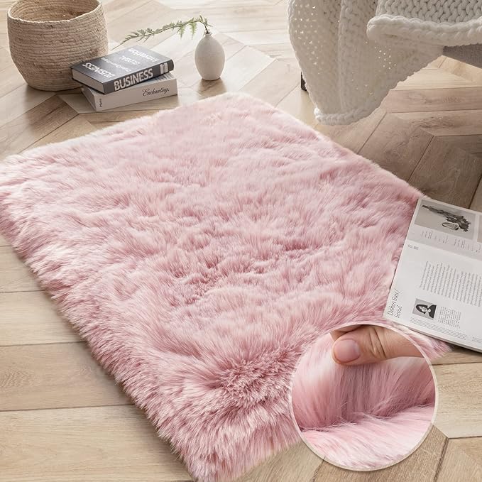 Ashler HOME DECO Soft Fox Faux Fur Chair Couch Cover Area Rug for Bedroom Floor Sofa Living Room Pink White Rectangle 2 x 3 Feet