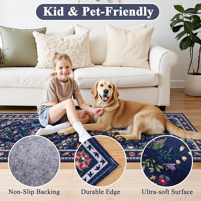 HEBE Washable Hallway Runner Rug 2'x 6' Non Slip Kitchen Rugs Runner,Low Pile Entryway Rug Laundry Room Mat Floral Carpet Runners for Hallways, Kitchen,Bathroom,Laundry,Bedside Rug