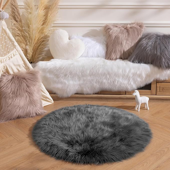 Ashler Faux Fur Rug - Fluffy Shaggy Area Rug, Ultra Soft 3x3 Feet, Dark Grey, Machine Washable, Perfect for Nursery, Bedroom, Living Room
