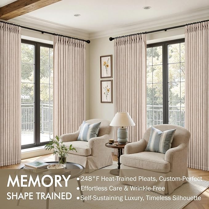 MIULEE Pinch Pleated Thick Linen Curtains 90 Inches Long 2 Panels for Living Room Bedroom, Linen Textured Memory Trained Pleat Drapes Back Tab Light Filtering Sand Beige Window Curtains with Hooks