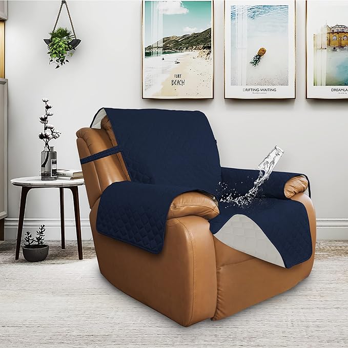 ISSUNTEX Double Protection 100% Waterproof Recliner Covers for Living Room, Reversible Furniture Protector Recliner Couch Sofa Slipcover for Dogs, Pets, Kids (Oversized Recliner, Navy/Ivory)