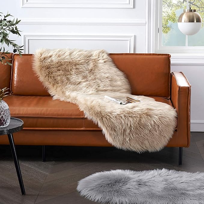 Faux Fur Rug for Bedroom, Fluffy Runner Rugs Soft Sheepskin Rug Sofa Couch Seat Cushion, 2x6ft Beige Plush Area Rug Shag Rugs Floor Carpets for Nursery Bedside, Cute Shaggy Fuzzy Home Decor