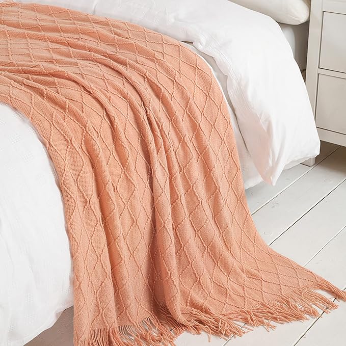 BOURINA Orange Throw Blanket 50 x90 Inches Throw Textured Solid Soft Sofa Throw Bed Runner Couch Cover Knitted Decorative Blanket Bed Runner