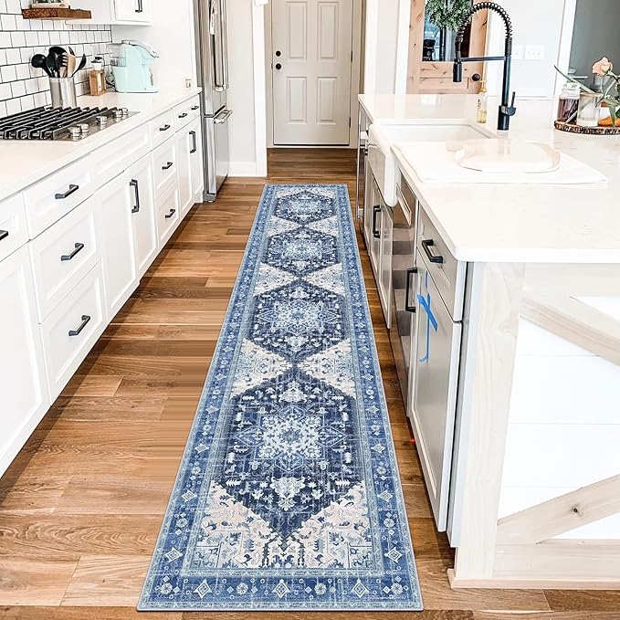 Yamaziot Washable Runner Rug, 2x10 Non-Slip Boho Vintage Hallway Rug Runner with Rubber Backing, Stain Resistant & Low Pile Faux Wool Distressed Carpet Runner for Kitchen, Laundry, Entrance, Blue