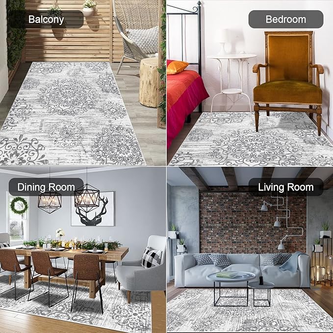 HEBE Washable Area Rug - 4'x6' Non Slip Soft Distressed Medallion Bedroom & Living Room Accent Throw Vintage Entry Floor Carpet for Dining Room & Bathroom Entryway