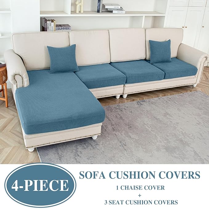Couch Cushion Covers for Sectional Sofa L Shape Washable Separate Seat Chaise Couch Cover Stretch Sofa Slipcovers with 2 Pcs Pillowcases(3 Seater + 1 Chaise, Blue)