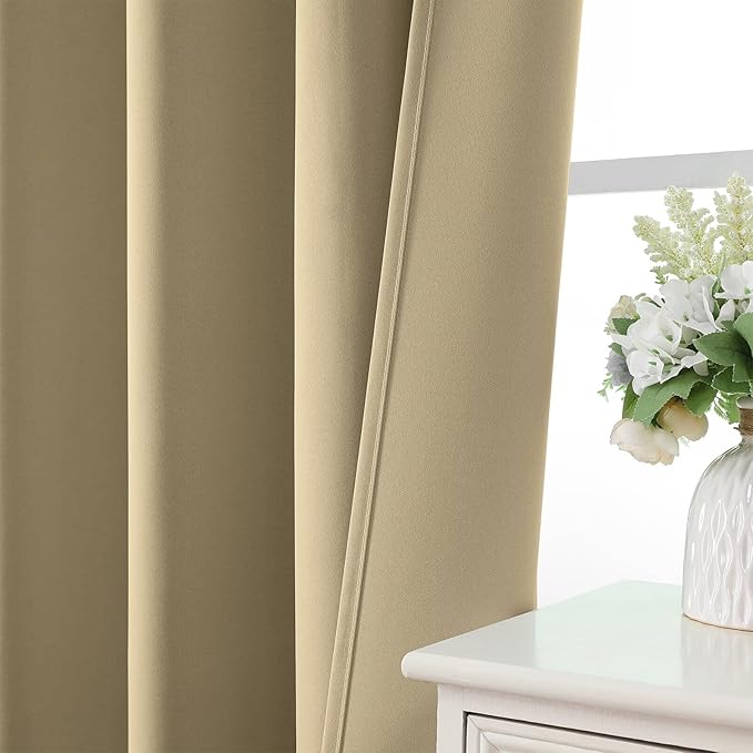 CUCRAF Beige Blackout Curtains 63 inch Length 2 Panels Set, Rod Pocket Room Darkening Drapes for Bedroom Living Room, Insulated Thermal Light Blocking Window Curtain (W52 x L63 Inch)