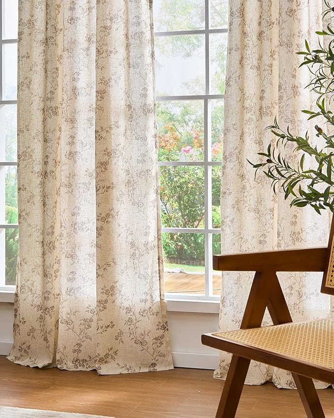 Lazzzy Floral Linen Curtains Farmhouse Extra Long Curtain for Living Room Bedroom Light Filtering Vintage Rod Pocket Back Tab Drapes for Home, 2 Panels, Taupe on Beige, W38 X L108
