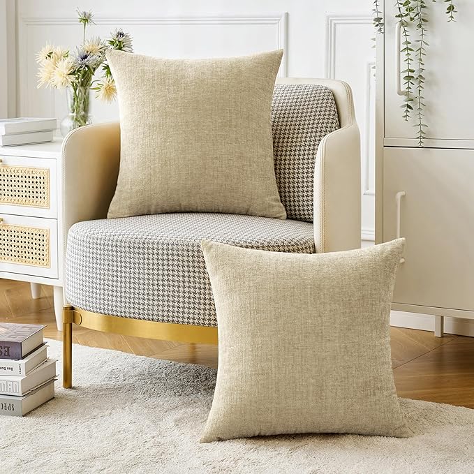 MIULEE Pack of 2 Beige Throw Pillow Covers 20x20 Inch Soft Chenille Pillow Covers for Sofa Living Room Spring Home Decor Couch Solid Dyed Cases