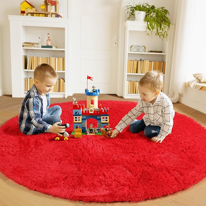 ONASAR Red Round Area Rug 4ft, Soft Bedroom Circle Rugs Floor Mat for Kids Girls Teen Room, Kawaii Fluffy Plush Shaggy Carpet for Nursery Living Room Playroom Christmas Home Decor Princess Castle