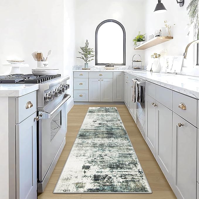 2'6''x8' Runner Rugs Washable Rug: Modern Abstract Hallway Runner Rug Indoor Soft Low Pile Thin Carpet Anti-Skid Non-Shedding Carpets for Kitchen, Entryway, Laundry, Bedroom - Green Multi