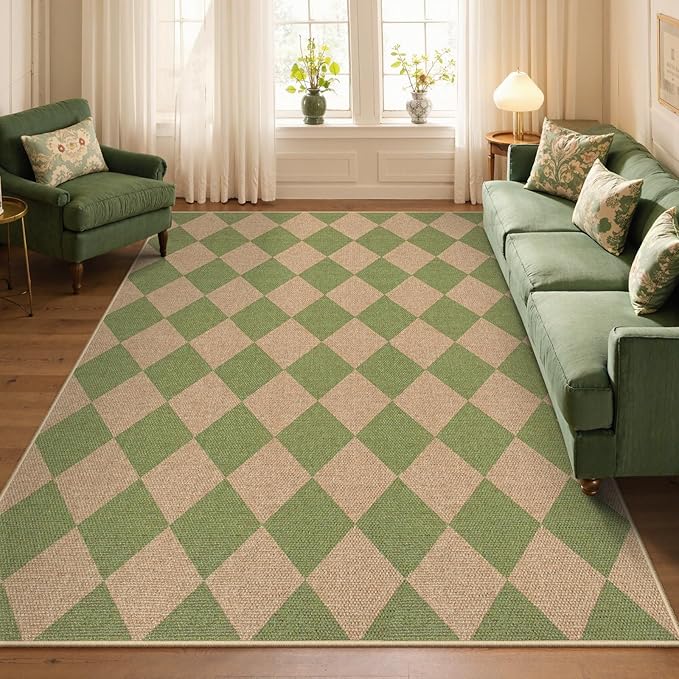 Lahome Colette Checkered Washable Rugs 5x7, Green Area Rug Neutral Large Outdoor Patio Living Room Rug, Farmhouse Non Slip Non Shedding Floor Carpet for Courtyard Camping